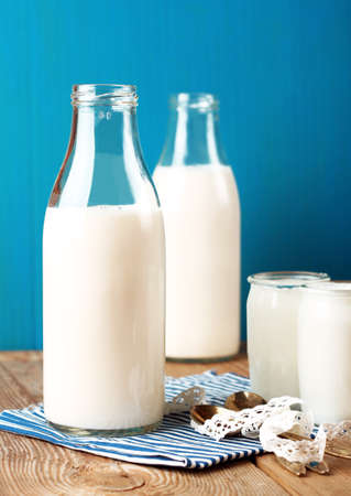 Assortment of diary products for breakfast (homemade yogurt and milk). Selective focusの写真素材