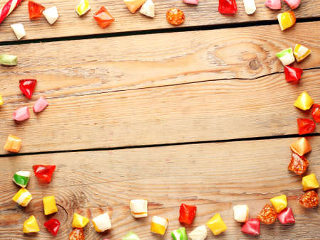 Colorful sweet candies. Copy space background, top view. Traditional Seker Bayram holidays candiesの写真素材