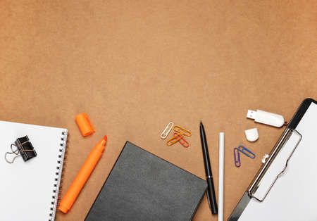 Still life, business, education concept. Office supplies, notepad, diary, marker, USB flash drive,...