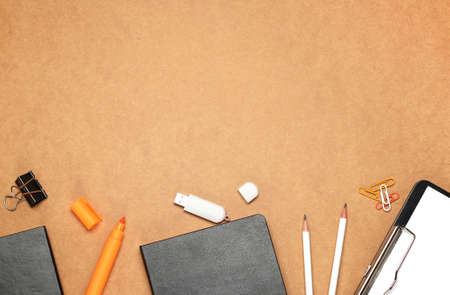 Still life, business, education concept. Office supplies, notepad, diary, marker, USB flash drive...