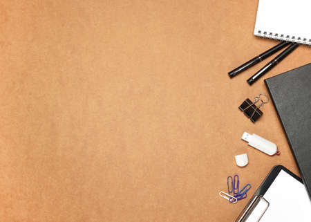 Still life, business, education concept. Office supplies, notepad, diary, USB flash drive and pens...