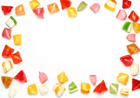 Still life, food and drink, holidays concept. Colorful sweet candies. Copy space background, selective focus, top view. Traditional candies for Seker Bayram holidayの写真素材