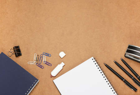 Still life, business, education concept. Office supplies, notepad, diary, stapler, USB flash drive...