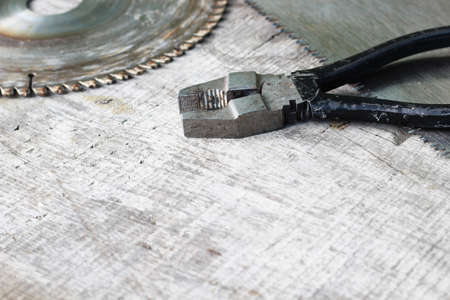 Still life concept. Tools on a rustic wooden table. Selective focusの写真素材