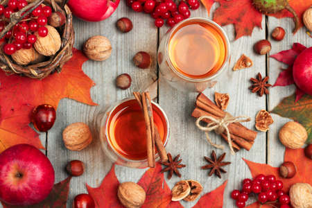 Still life, food and drink, seasonal and holidays concept. Autumn hot beverage in a glass with fruits and spices on a wooden background. Selective focus, top viewの写真素材