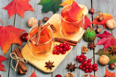 Still life, food and drink, seasonal and holidays concept. Autumn hot beverage in a glass with fruits and spices on a wooden background. Selective focus, top viewの写真素材