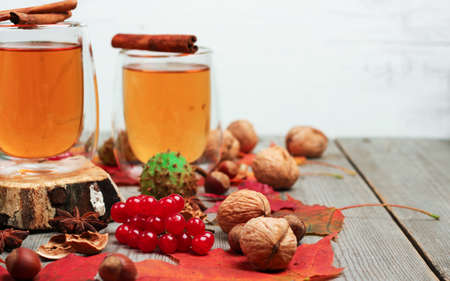 Still life, food and drink, seasonal and holidays concept. Autumn hot beverage in a glass with fruits and spices on a wooden background. Selective focusの写真素材