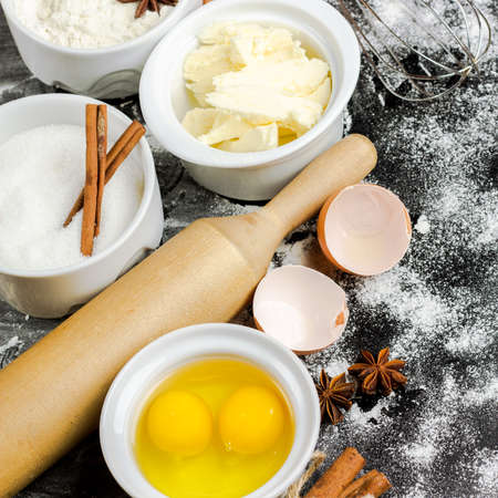 Still life, food and drink concept. Baking background with ingredients: sugar, flour, eggs, butter,...