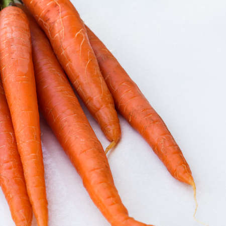 Bunch of organic fresh carrots on a white table. Summer outdoor background, selective focusの写真素材