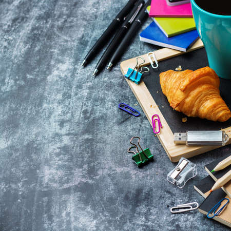Education, back to school, business office breakfast concept. Stationery, supplies, pencil, pen,...