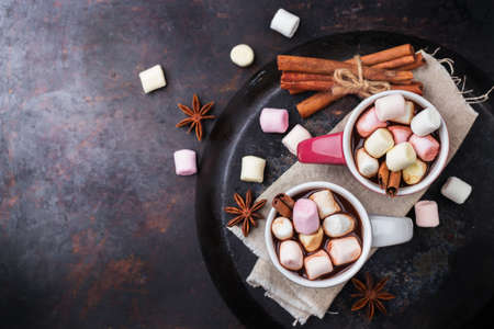 Hot chocolate with marshmallows and spices on grunge dark table. Selective focus, tasty holidays concept. Drink for fall and winter. Copy space background, top view overhead flat layの写真素材