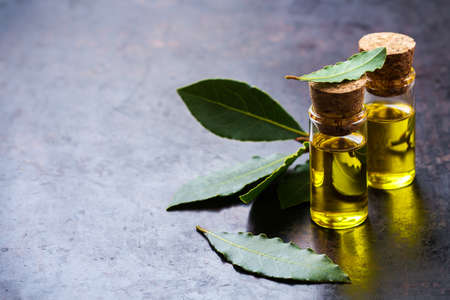 Healthy lifestyle concept. Natural bay laurel essential oil, essence in glass bottle with leaves on a rusty black table for beauty, spa, therapy. Copy space backgroundの写真素材
