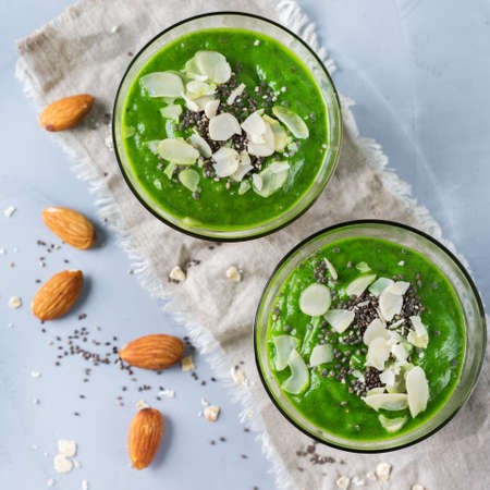 Food and drink, healthy lifestyle, diet and nutrition concept. Green smoothie with organic kale...