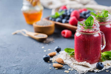 Food and drink, healthy lifestyle, diet and nutrition concept. Mixed smoothie for breakfast with...
