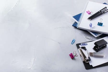 Back to school, business office education concept. Assortment of supplies, crayons, pens, notebook. Copy space background, top view flat lay overheadの写真素材
