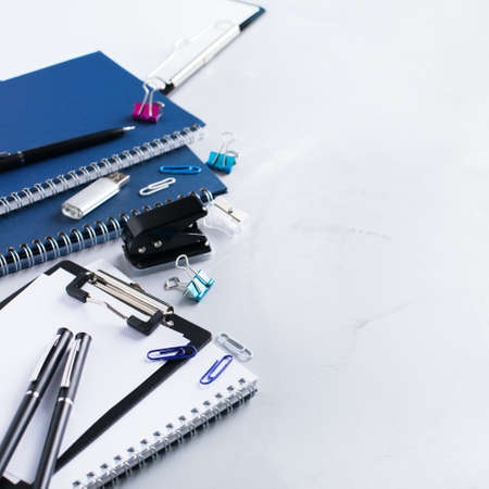 Back to school, business office education concept. Assortment of supplies, crayons, pens, notebook...