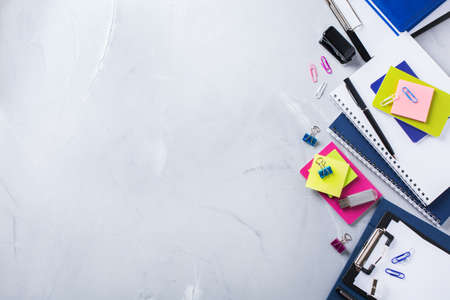 Back to school, business office education concept. Assortment of supplies, crayons, pens, notebook...
