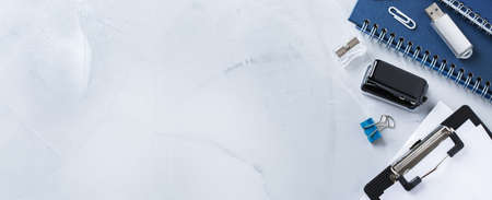 Back to school, business office education concept. Assortment of supplies, crayons, pens, notebook on a table. Copy space background, top view flat lay overheadの写真素材