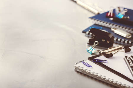 Back to school, business office education concept. Assortment of supplies, crayons, pens, notebook...