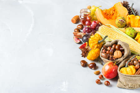 Fall autumn harvest concept. Pumpkin apple chestnut corn nuts grapes figs honey, ripe fruit and vegetables on a table. Copy space backgroundの写真素材