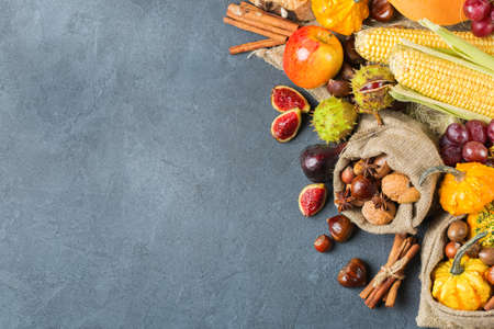 Fall autumn harvest thanksgiving holiday concept. Pumpkin apple chestnut corn nuts grapes, ripe fruit and vegetables on a black table. Copy space background, top view flat layの写真素材