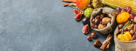 Fall autumn harvest thanksgiving holiday concept. Pumpkin apple chestnut corn nuts grapes, ripe fruit and vegetables on a black table. Copy space backgroundの写真素材