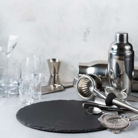 Set of bar tools for cocktails, accessories and utensils for bartender for making alcohol beverage, shot and long drinkの写真素材