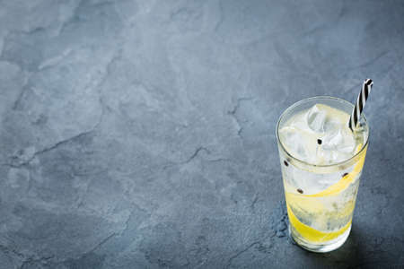 Food and drink, holidays party concept. Gin and tonic alcohol cocktail drink with ice and lemon zest...