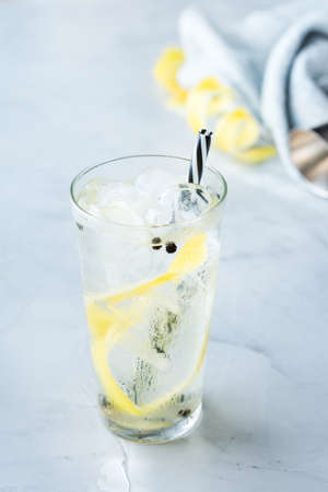 Food and drink, holidays party concept. Gin and tonic alcohol cocktail drink with ice and lemon zest...