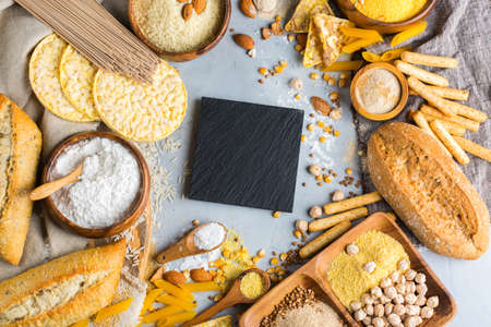 Healthy eating, dieting, balanced food concept. Assortment of gluten free food and flour, almond,...