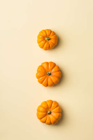 Autumn fall thanksgiving day composition with decorative orange pumpkins. Flat lay, top view, copy space, still life yellow background for greeting cardの写真素材
