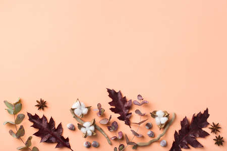 Creative autumn fall thanksgiving day composition with decorative dried leaves. Flat lay, top view,...