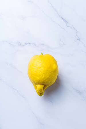 Trendy ugly fruit, funny juicy yellow lemon with imperfect shape on a white marble table. Farmers...