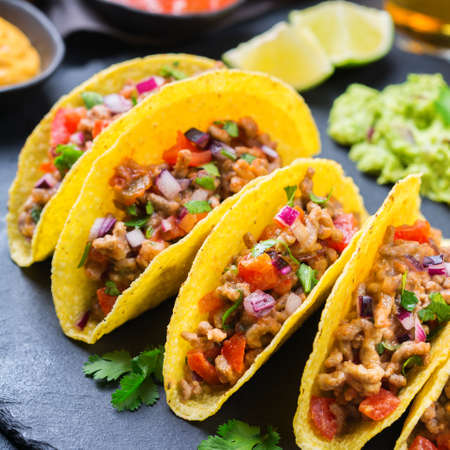 Taco shell ellow corn tortilla chips nachos with ground beef, mince, guacamole, red hot jalapeno...