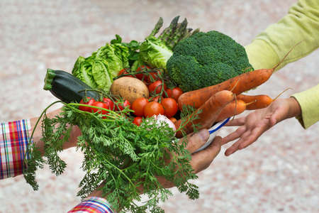 Senior farmer man holding in hands harvest from his orchard and giving it to young boy. Assortment...