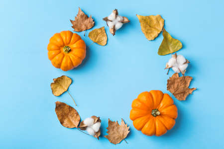 Autumn fall thanksgiving day composition with decorative orange pumpkins and dried leaves. Flat lay, top view, copy space, still life background for greeting cardの写真素材