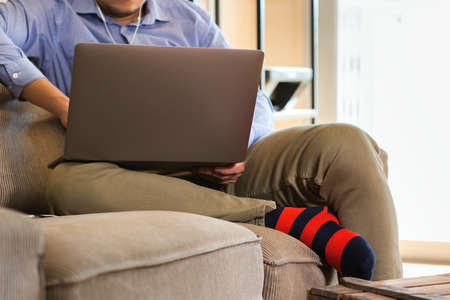 Young millennial businessman, freelancer working on a laptop sitting on the couch. Lifestyle...