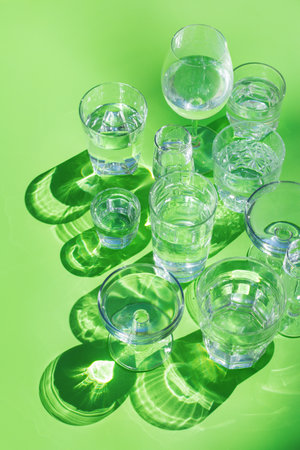 Assortment of still and sparkling water glasses with trendy sunny, vivid, harsh and hard light and shadows on a green background, outdoorsの写真素材