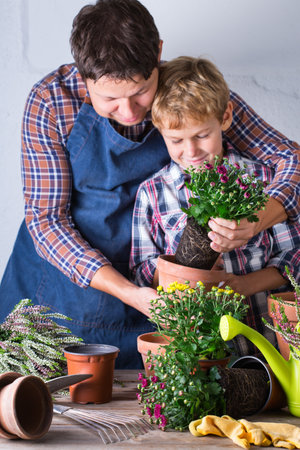 Gardening man, father and a boy, kid during staying at home. Activity stimulating mental and brain health. Planting and growing  autumn flowers, eco-friendly hobby and leisure, family time concept.の写真素材