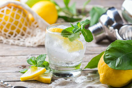 Hard seltzer cocktail with lemon and zero waste bartenders accessoriesの写真素材