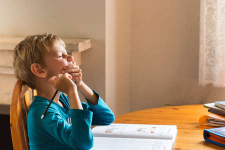 Homeschooling, tired smart boy, child is learning at homeの写真素材