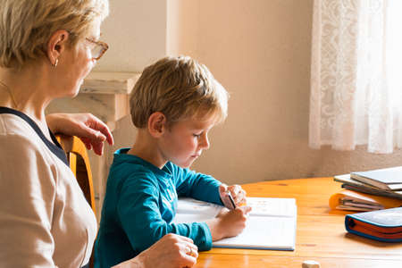 Homeschooling grandmother teaching smart boy, child at home