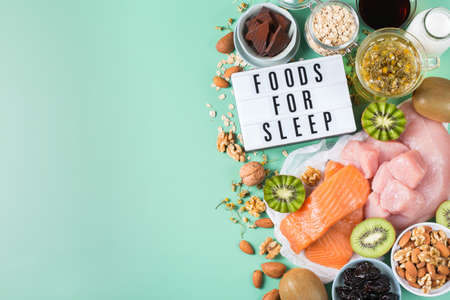 Foods rich in sleep promoting hormone melatonin and tryptophanの写真素材