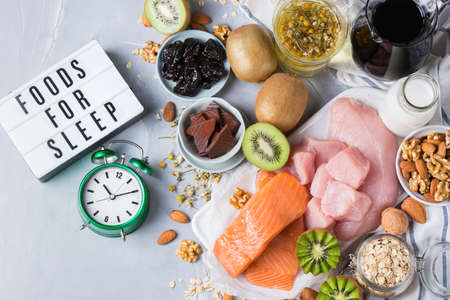 Foods rich in sleep promoting hormone melatonin and tryptophanの写真素材