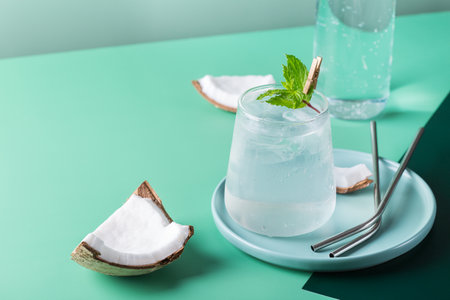 Tropical hard seltzer cocktail with coconut water and iceの写真素材