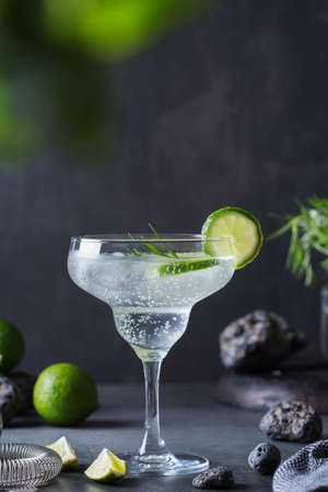 Hard seltzer cocktail with lime, rosemary and bartenders accessoriesの写真素材