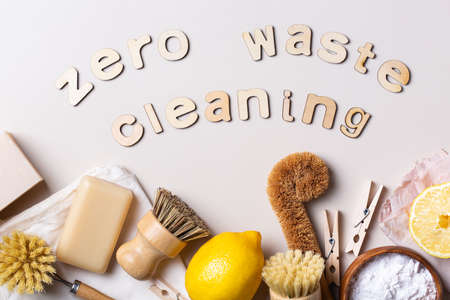 Zero waste set of plastic free kitchen cleaning utensilsの写真素材