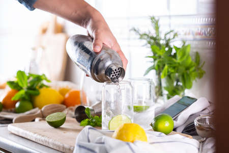 Mixologist making refreshing cocktail with hard seltzer at homeの写真素材