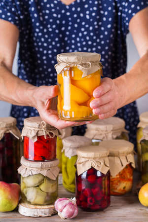Homemade preserved, fermented food, pickled, marinated vegetables, fruit compoteの写真素材