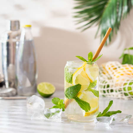 Summer refreshing hard seltzer cocktail with shadowsの写真素材